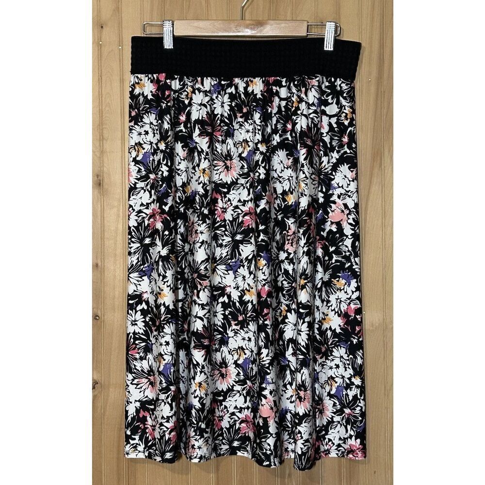 Robert Louis Women's Large Midi Skirt A-Line Elastic Waist Black Floral